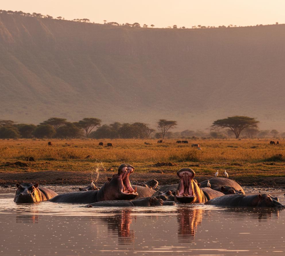 Hippos in crater pool